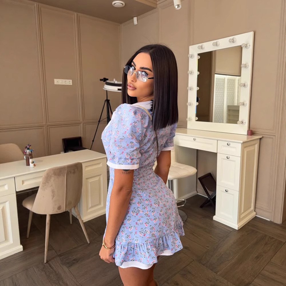 Sweet Floral Print Peter Pan Collar Single Button Trim Lace Trim Mini Dress – Spring Summer Cute Casual Outfit 