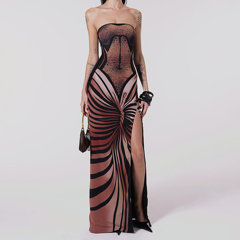 Elegant 3D Print Strapless Maxi Dress with High Slit – Fashionable Women’s Long Dress for Party, Date & Photo Shoot