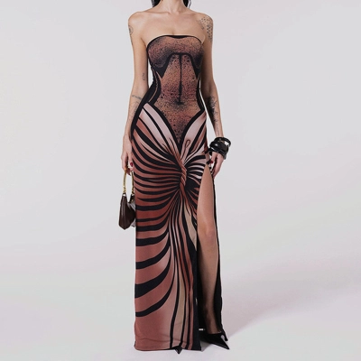 Elegant 3D Print Strapless Maxi Dress with High Slit – Fashionable Women’s Long Dress for Party, Date & Photo Shoot 01