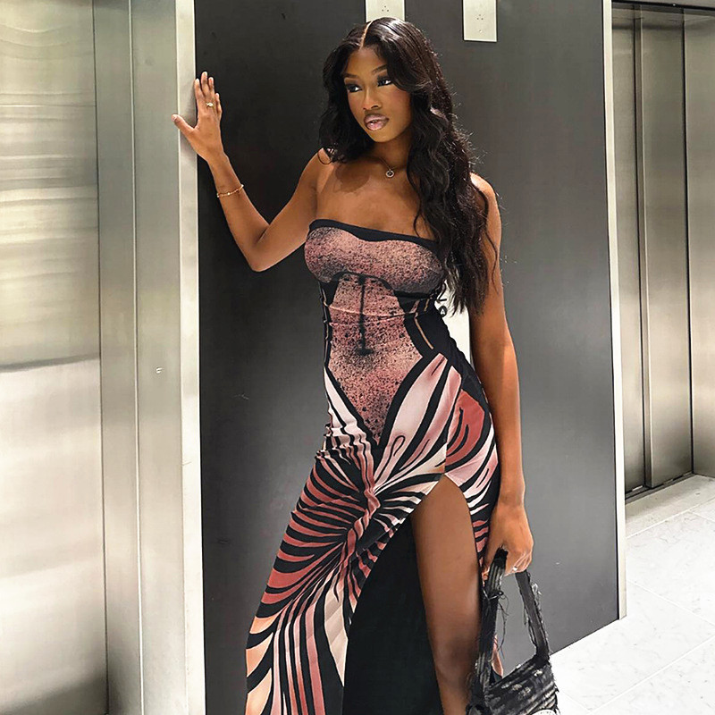 Elegant 3D Print Strapless Maxi Dress with High Slit – Fashionable Women’s Long Dress for Party, Date & Photo Shoot