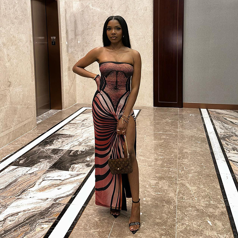 Elegant 3D Print Strapless Maxi Dress with High Slit – Fashionable Women’s Long Dress for Party, Date & Photo Shoot
