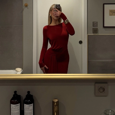 Elegant Round Neck Long Sleeve Open Back Waist Tie Bodycon Gown – Stylish Red Carpet Dress for Evening Events & Formal Parties 02