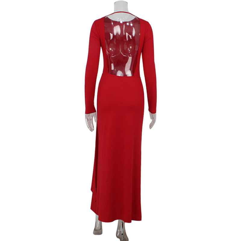 Elegant Round Neck Long Sleeve Open Back Waist Tie Bodycon Gown – Stylish Red Carpet Dress for Evening Events & Formal Parties
