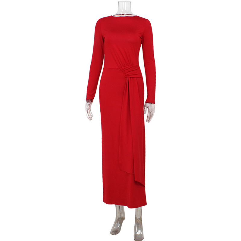 Elegant Round Neck Long Sleeve Open Back Waist Tie Bodycon Gown – Stylish Red Carpet Dress for Evening Events & Formal Parties