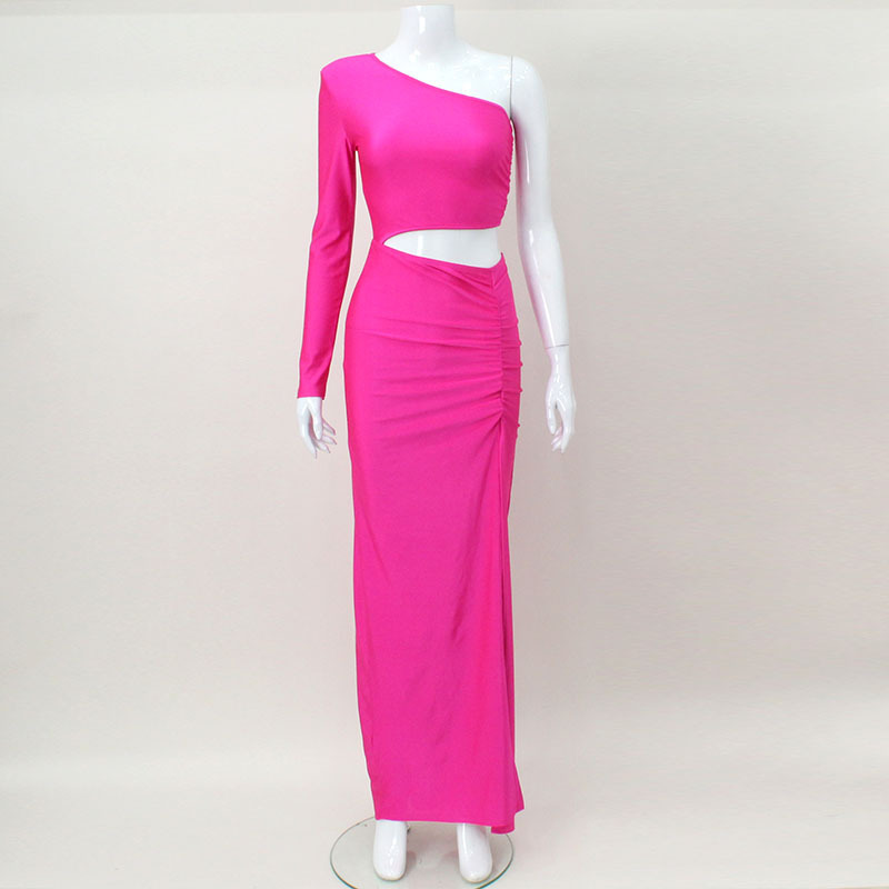 Strapless One Shoulder Long Sleeve Cut-Out High Waist Slit Bodycon Evening Dress – Sexy Solid Color Gown for Party, Date & Night Club