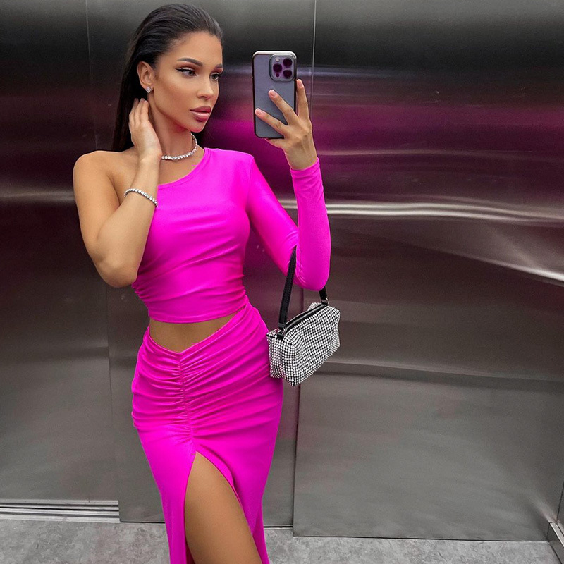 Strapless One Shoulder Long Sleeve Cut-Out High Waist Slit Bodycon Evening Dress – Sexy Solid Color Gown for Party, Date & Night Club