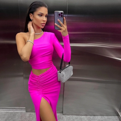 Strapless One Shoulder Long Sleeve Cut-Out High Waist Slit Bodycon Evening Dress – Sexy Solid Color Gown for Party, Date & Night Club 01