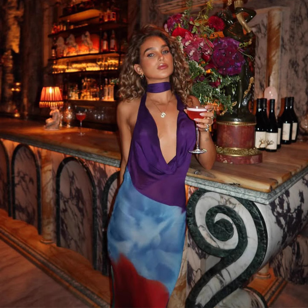 Color Block Sleeveless Halter Ruffle Backless Bodycon Long Dress – Trendy & Sexy Outfit for Party, Evening & Streetwear