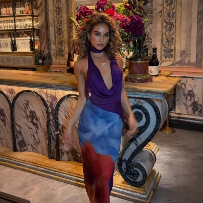 Color Block Sleeveless Halter Ruffle Backless Bodycon Long Dress – Trendy & Sexy Outfit for Party, Evening & Streetwear 01