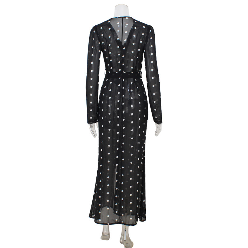 French V-Neck Elegant Waist Slimming Long Sleeve High Slit Polka Dot Print Midi Dress – Chic & Feminine Outfit for Office, Date & Party