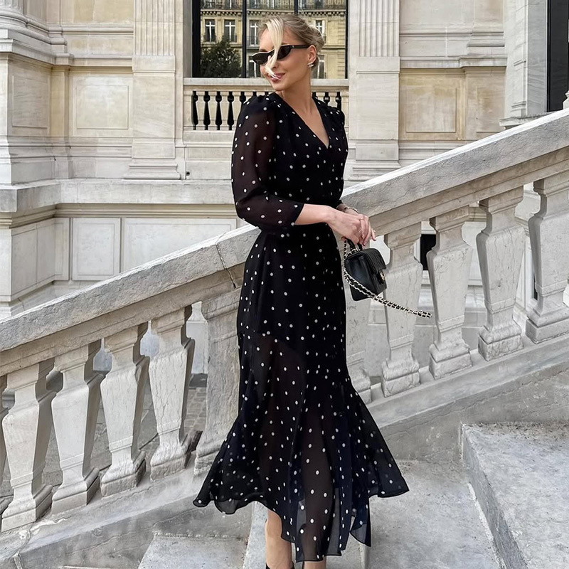 French V-Neck Elegant Waist Slimming Long Sleeve High Slit Polka Dot Print Midi Dress – Chic & Feminine Outfit for Office, Date & Party