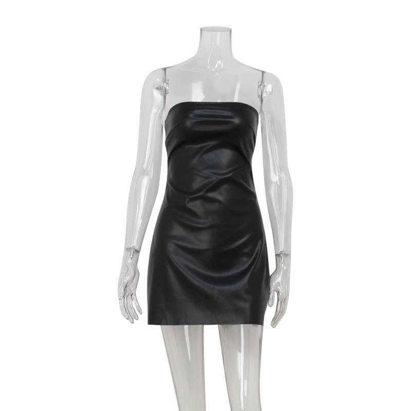 Sexy Strapless PU Leather Bodycon Midi Dress – Sleek & Bold Outfit for Red Carpet, Party & Evening Events