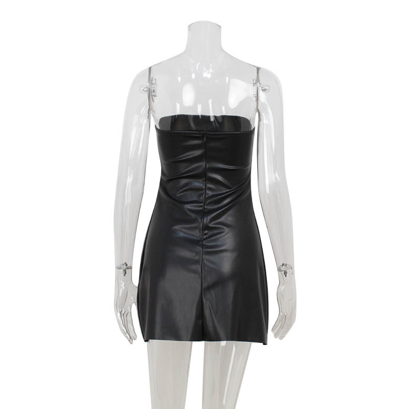 Sexy Strapless PU Leather Bodycon Midi Dress – Sleek & Bold Outfit for Red Carpet, Party & Evening Events