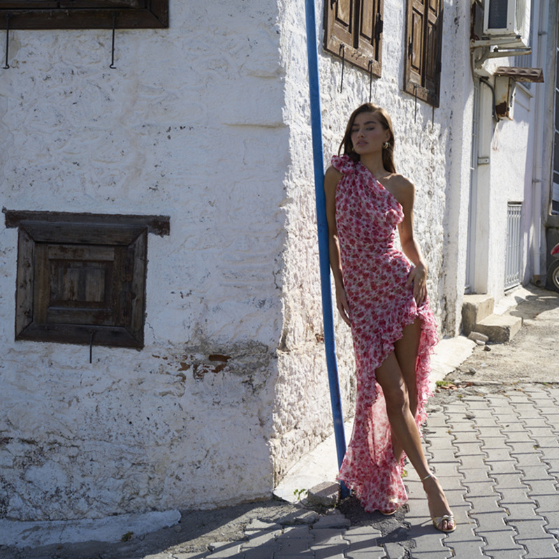 V-Neck Ruffle Floral Print Empire Waist Asymmetrical Maxi Dress for Women – Summer Beach & Vacation Outfit