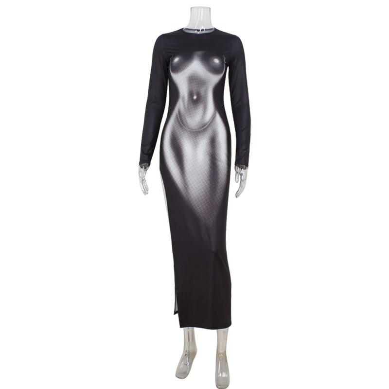 Trendy 3D Body Print Long Sleeve Bodycon Dress – Sexy & Bold Outfit for Club, Party & Streetwear