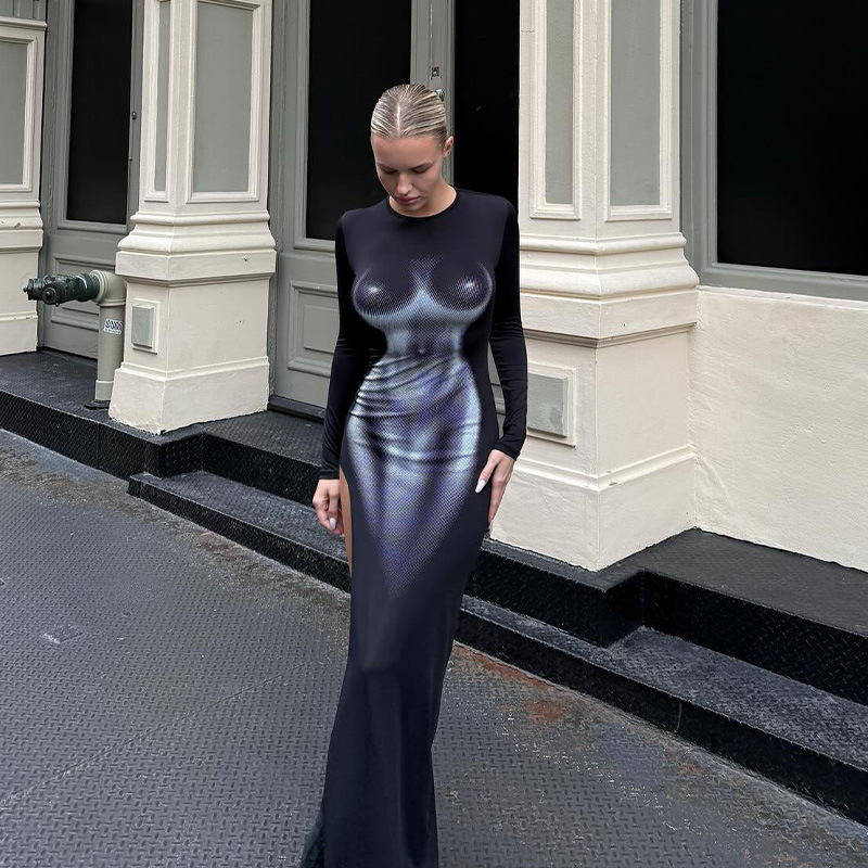 Trendy 3D Body Print Long Sleeve Bodycon Dress – Sexy & Bold Outfit for Club, Party & Streetwear