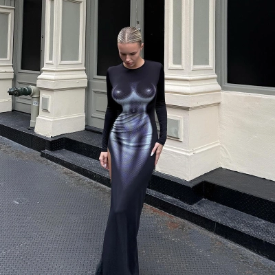 Trendy 3D Body Print Long Sleeve Bodycon Dress – Sexy & Bold Outfit for Club, Party & Streetwear 01