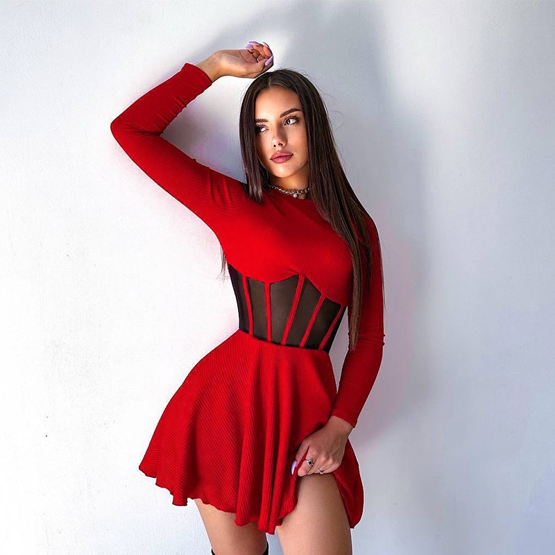 Semi-High Neck Long Sleeve Fishbone Waist Mesh Panel Mini Dress – Sexy & Trendy Outfit for Club, Party & Streetwear