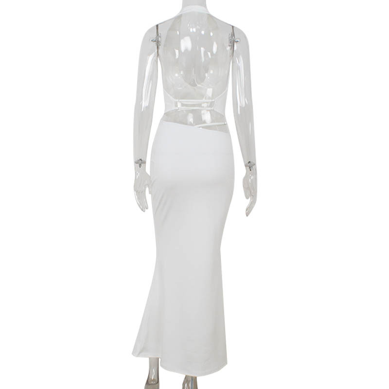 Elegant Halter Deep V Backless Top & Bodycon Long Dress Set – Graceful Ladylike Outfit for Evening, Wedding & Party