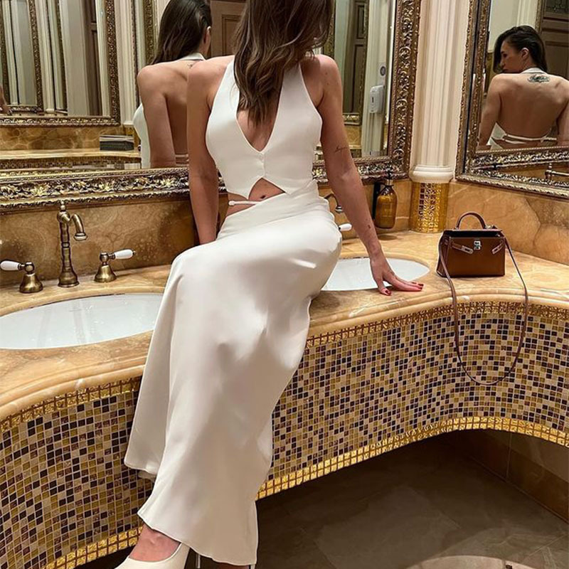 Elegant Halter Deep V Backless Top & Bodycon Long Dress Set – Graceful Ladylike Outfit for Evening, Wedding & Party