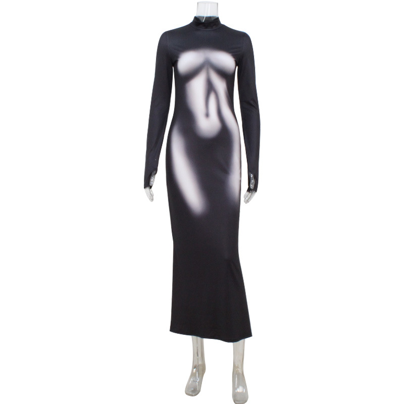 Trendy 3D Print Long Sleeve Bodycon Dress – Stylish & Unique Outfit for Streetwear, Party & Casual Wear