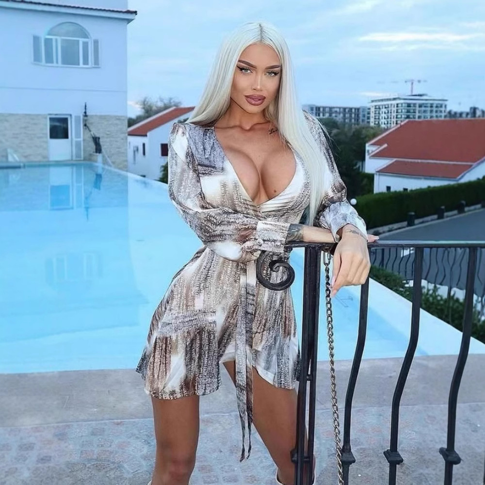 Elegant V-Neck One-Piece Waist Tie Print Mini Dress – Stylish & Versatile Outfit for Office, Date & Streetwear