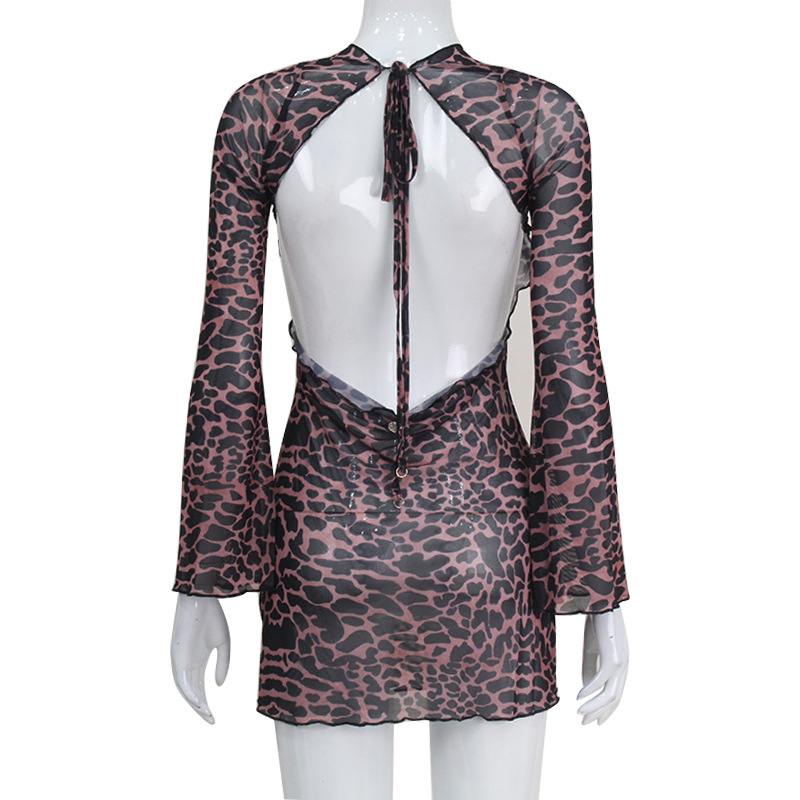 Sexy Leopard Print Sheer Mesh Halter Neck Mini Dress – Seductive & Trendy Outfit for Club, Party & Streetwear