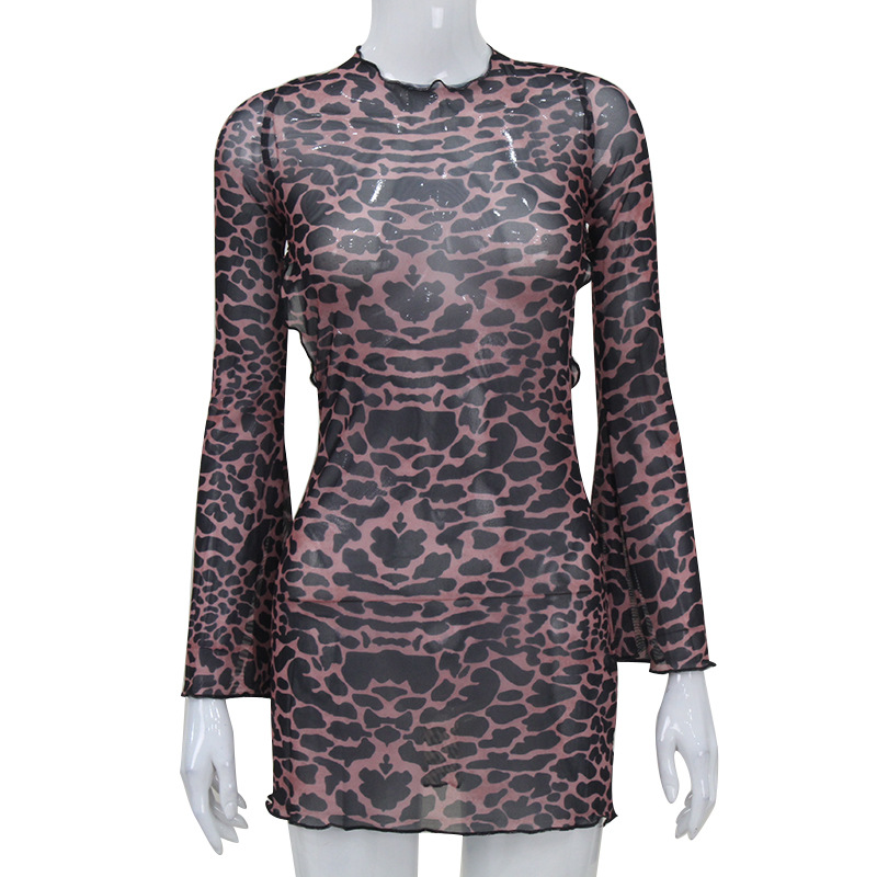 Sexy Leopard Print Sheer Mesh Halter Neck Mini Dress – Seductive & Trendy Outfit for Club, Party & Streetwear