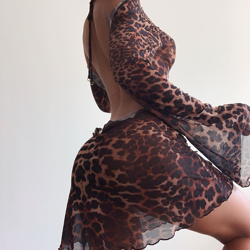 Sexy Leopard Print Sheer Mesh Halter Neck Mini Dress – Seductive & Trendy Outfit for Club, Party & Streetwear