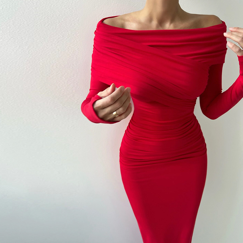 One Shoulder Long Sleeve Retro Red Bodycon Dress – Elegant & Sexy Outfit for Date, Party & Evening Wear