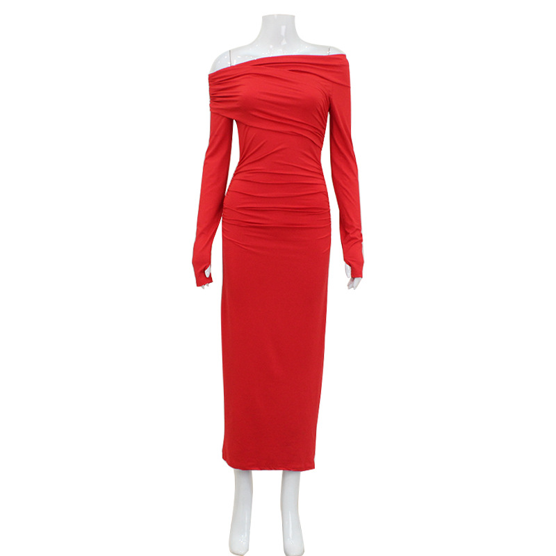 One Shoulder Long Sleeve Retro Red Bodycon Dress – Elegant & Sexy Outfit for Date, Party & Evening Wear