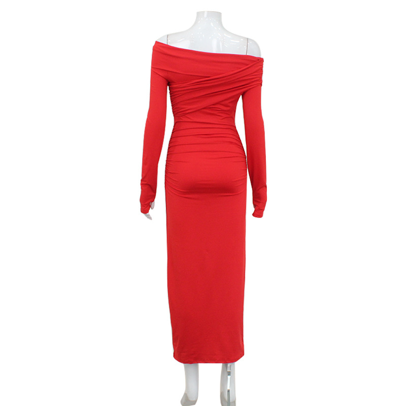 One Shoulder Long Sleeve Retro Red Bodycon Dress – Elegant & Sexy Outfit for Date, Party & Evening Wear