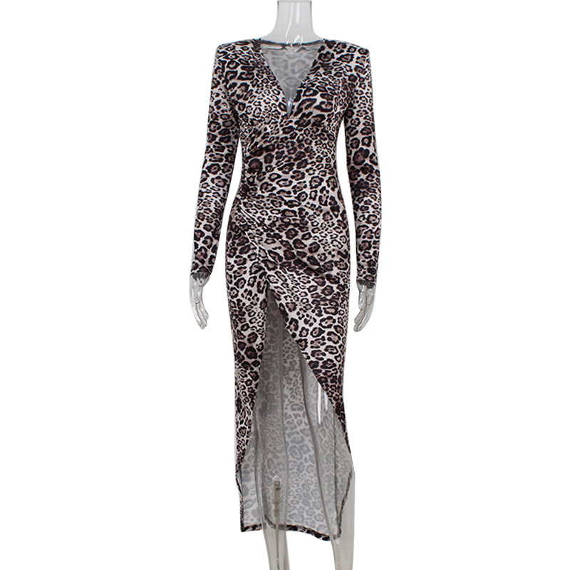 Sexy Leopard Print V-Neck Ruched Waist High Slit Dress – Bodycon Party Dress for Club, Date Night & Night Out