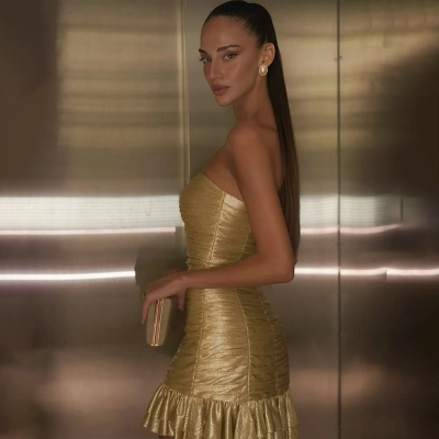 French Sexy Strapless Pleated Bodycon Skirt Dress – Elegant Gilded Evening Gown for Gala, Party & Red Carpet Events 02