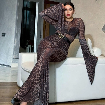 Sexy Sheer Mesh Leopard Print Bodycon Mermaid Dress – Fitted Seductive Gown for Club, Party & Red Carpet 01