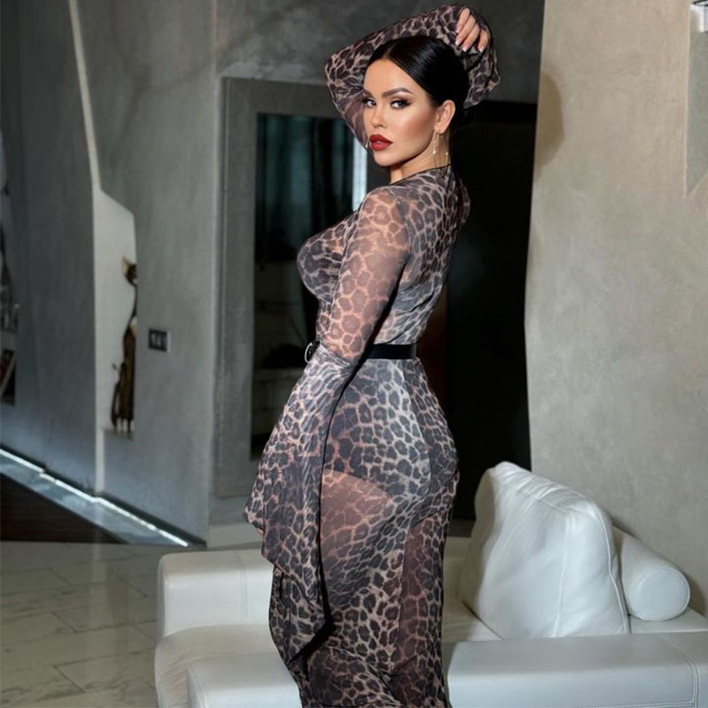 Sexy Sheer Mesh Leopard Print Bodycon Mermaid Dress – Fitted Seductive Gown for Club, Party & Red Carpet