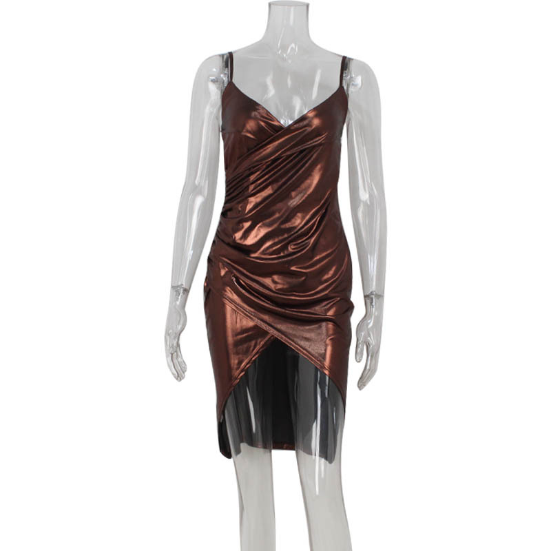 Slim-Fit V-Neck Gilded High-Waisted Slit Bodycon Halter Dress – Glamorous Evening Gown for Party, Gala & Red Carpet