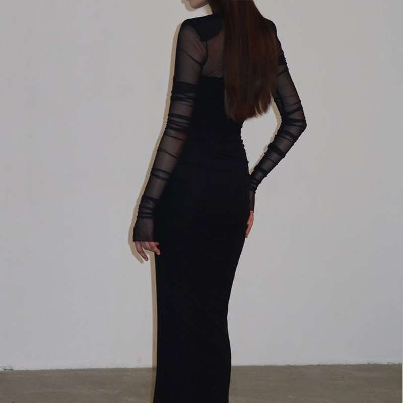 Semi-Crew Neck Sheer Mesh Panel Fitted Long Dress with Shoulder Pads – Minimalist Elegant Solid Color Gown for Office, Evening & Date Wear