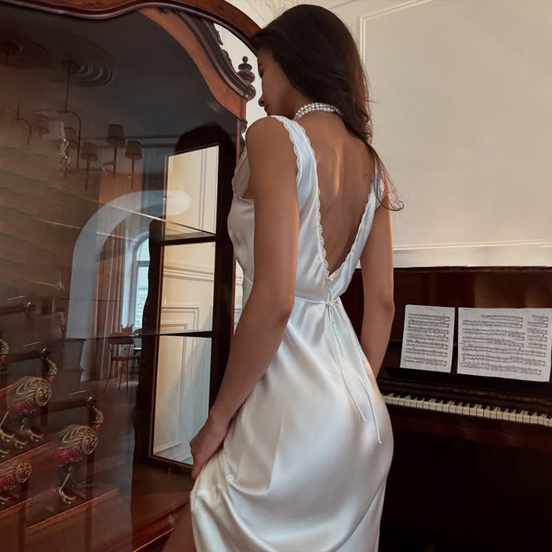 Pure & Seductive V-Neck Backless Satin Lace Trim Sleeveless Waist-Cinching Dress – Feminine & Flirty Outfit for Date, Party & Photo Shoot