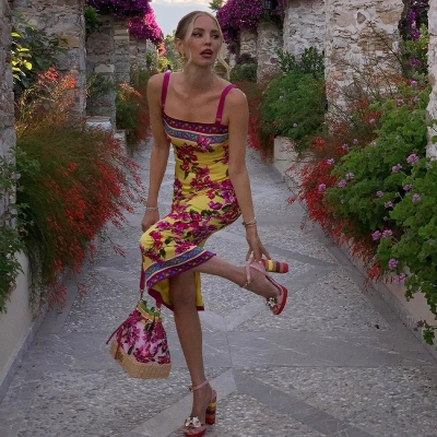 Ethnic Vintage Print Fitted Bodycon Halter Long Dress – Boho Chic Skirt for Festival, Vacation & Date Wear 01