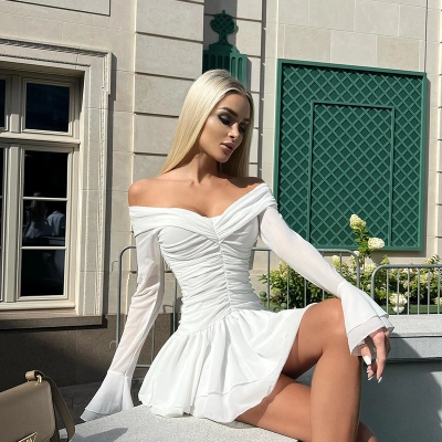 French Chic Boat Neck Long Sleeve High-Waisted Ruffled A-Line Solid Dress – Elegant Daily Gown for Office, Date & Brunch 02