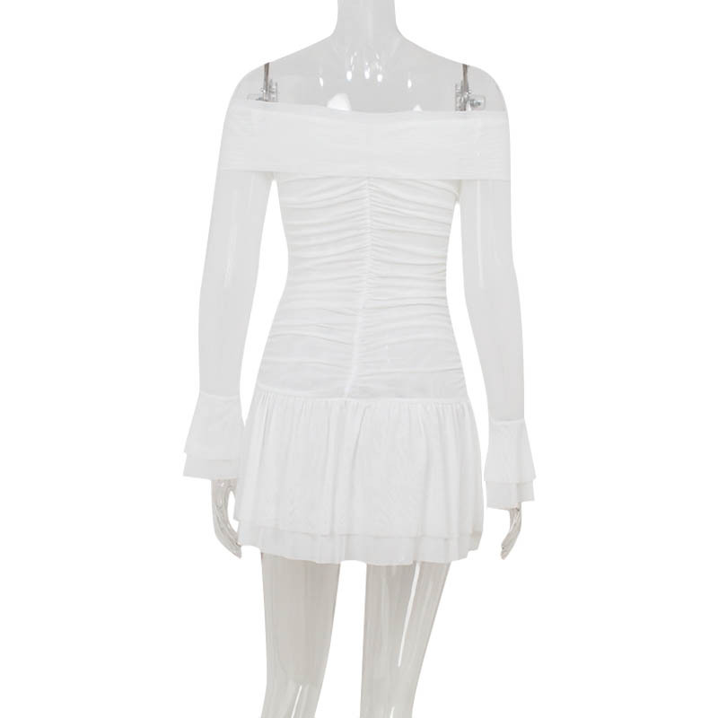 French Chic Boat Neck Long Sleeve High-Waisted Ruffled A-Line Solid Dress – Elegant Daily Gown for Office, Date & Brunch