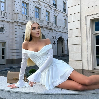 French Chic Boat Neck Long Sleeve High-Waisted Ruffled A-Line Solid Dress – Elegant Daily Gown for Office, Date & Brunch 01