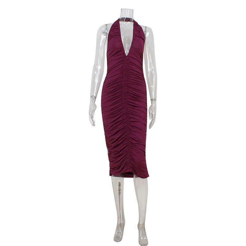Necktie V-Neck Fitted Slimming Pleated Bodycon Purple Dress – Elegant Gown for Dinner, Date & Wedding Guest