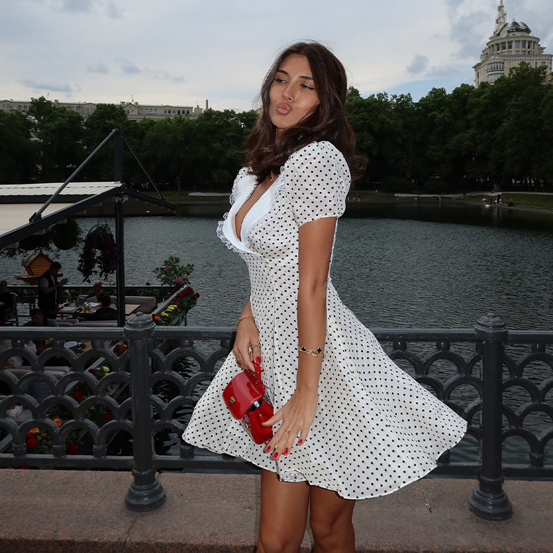 Deep V-Neck Peplum Collar Puff Sleeve Elegant Slightly High Waist Bodycon Polka Dot Dress