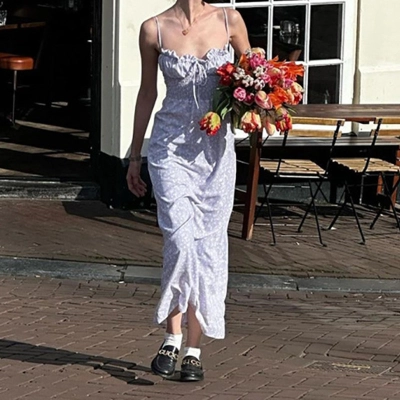 Romantic Ruffled Floral Spaghetti Strap Maxi Dress, Elegant & Sweet A-Line Long Dress for Women 01