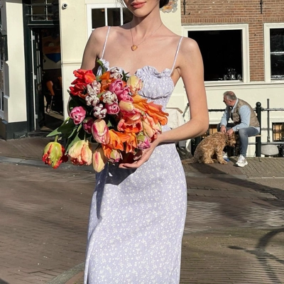 Romantic Ruffled Floral Spaghetti Strap Maxi Dress, Elegant & Sweet A-Line Long Dress for Women 02