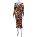 French-Chic Square Neck Leopard Print Bodycon Mini Dress – Sexy Fit-and-Flare Skirt for Party & Street Style