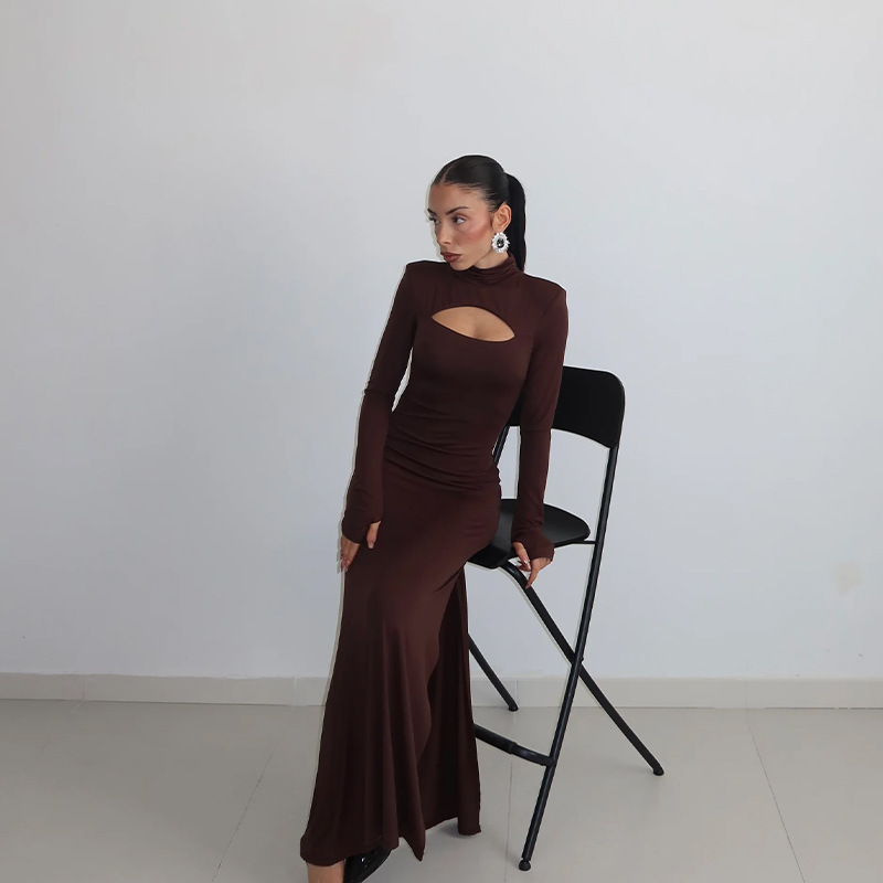Chest Cut-Out Long Sleeve Fitted Sexy Solid Color Elegant Long Dress – Evening Gown for Date, Party & Cocktail Wear