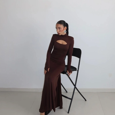 Chest Cut-Out Long Sleeve Fitted Sexy Solid Color Elegant Long Dress – Evening Gown for Date, Party & Cocktail Wear 02